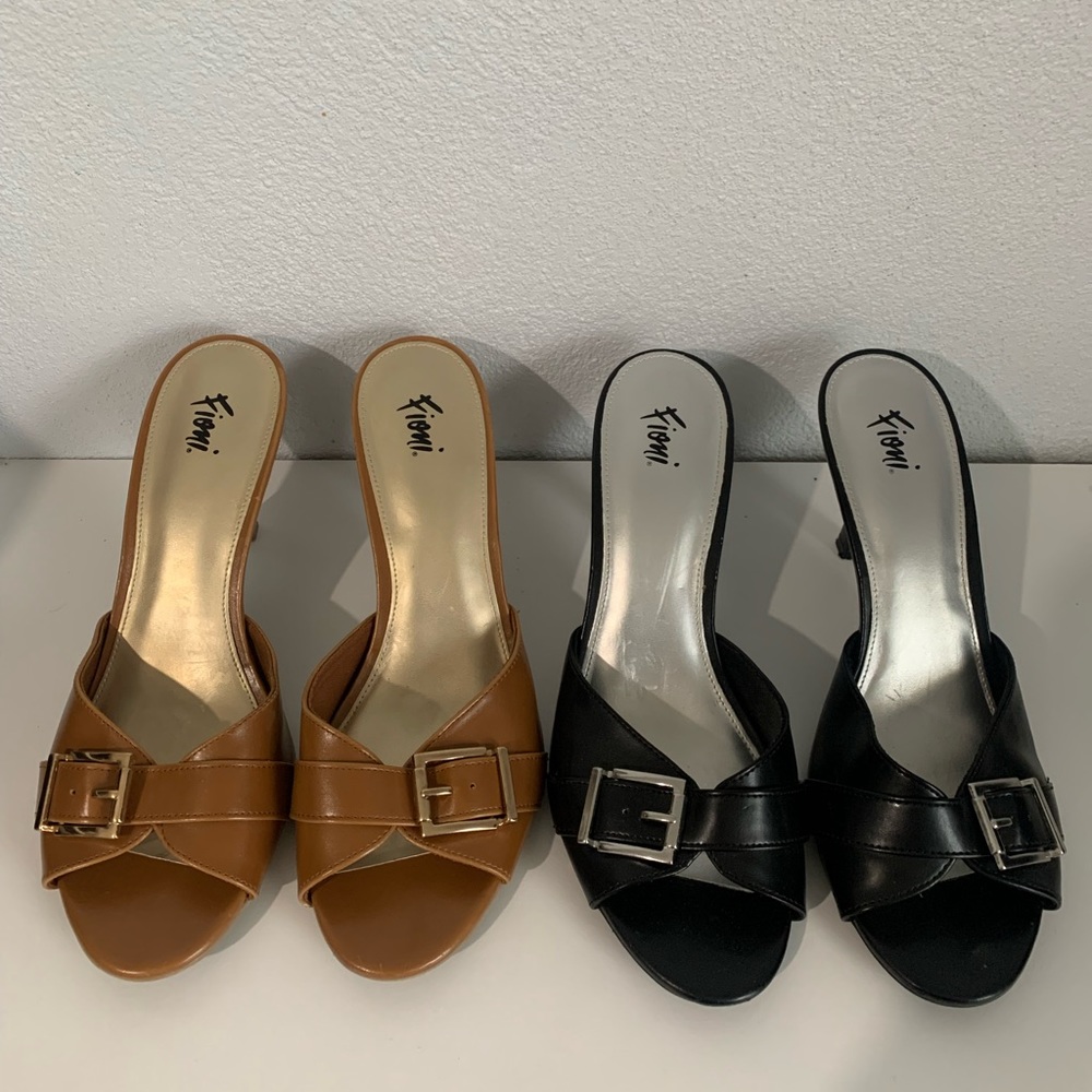 Pair of Black and Tan open toe buckle heels